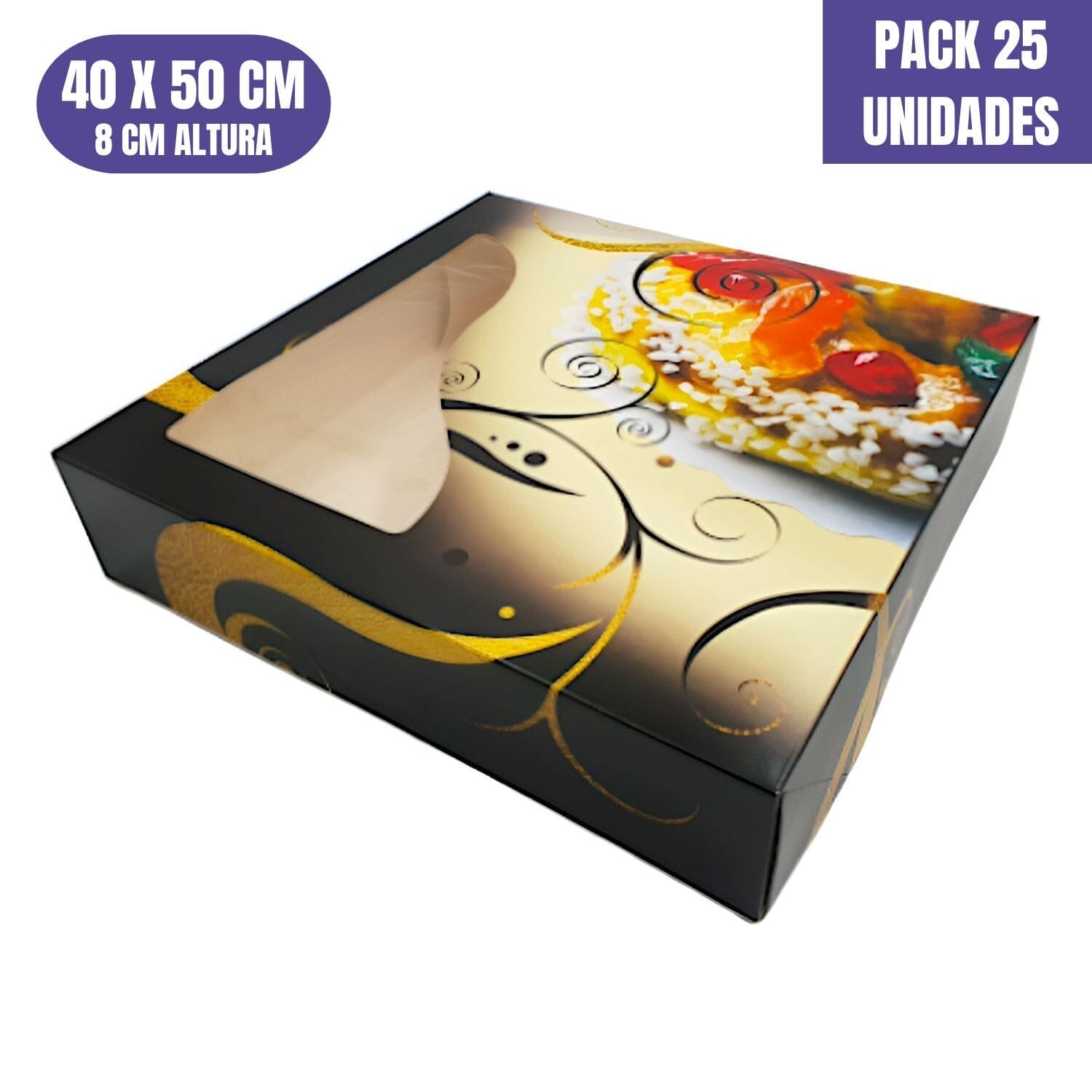 Cajas Para Roscon De Reyes Negra Y Dorada - 40 X 50 X 8 Cm (25 Unidades)